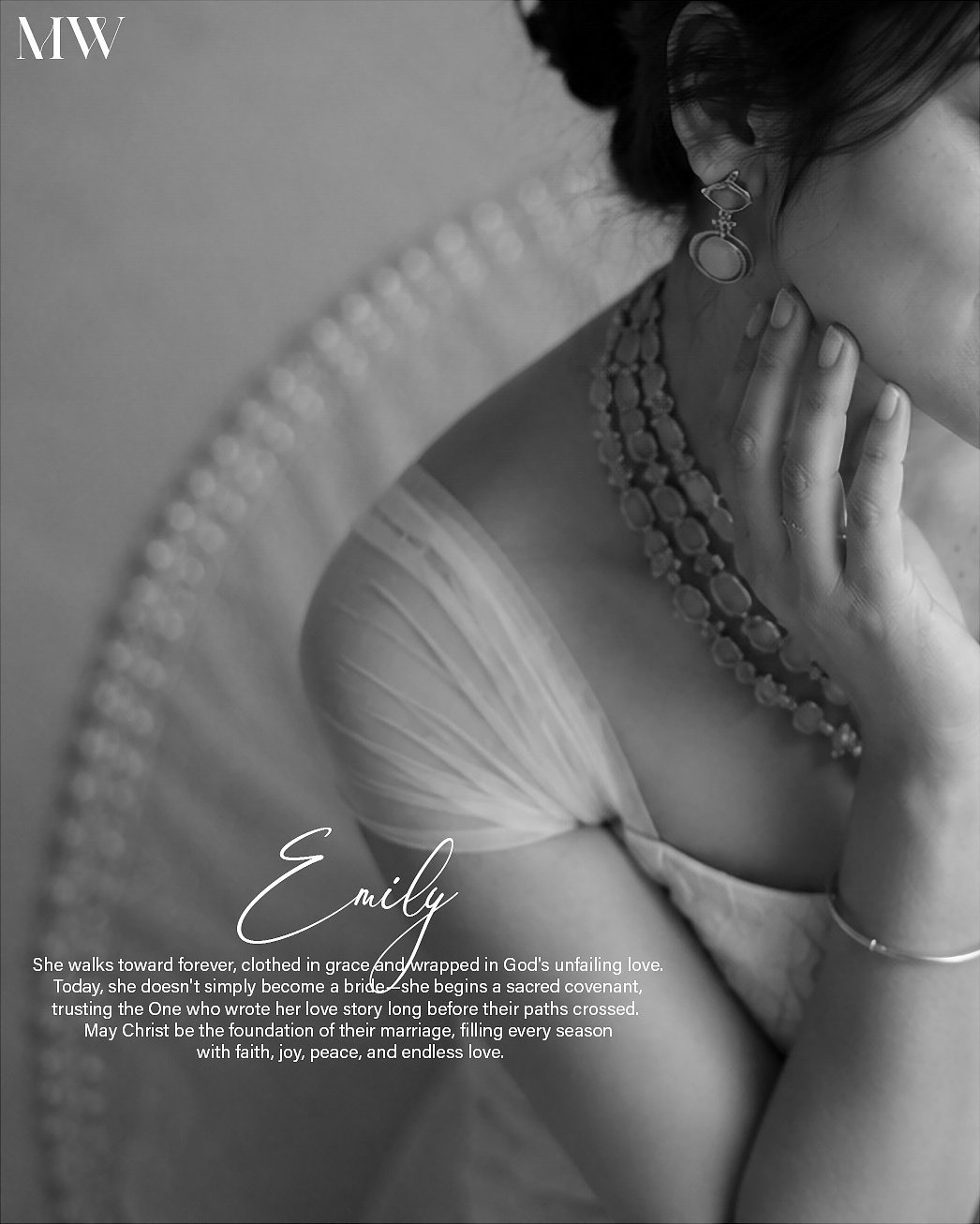 Black-and-white close portrait of a bride in a white sari