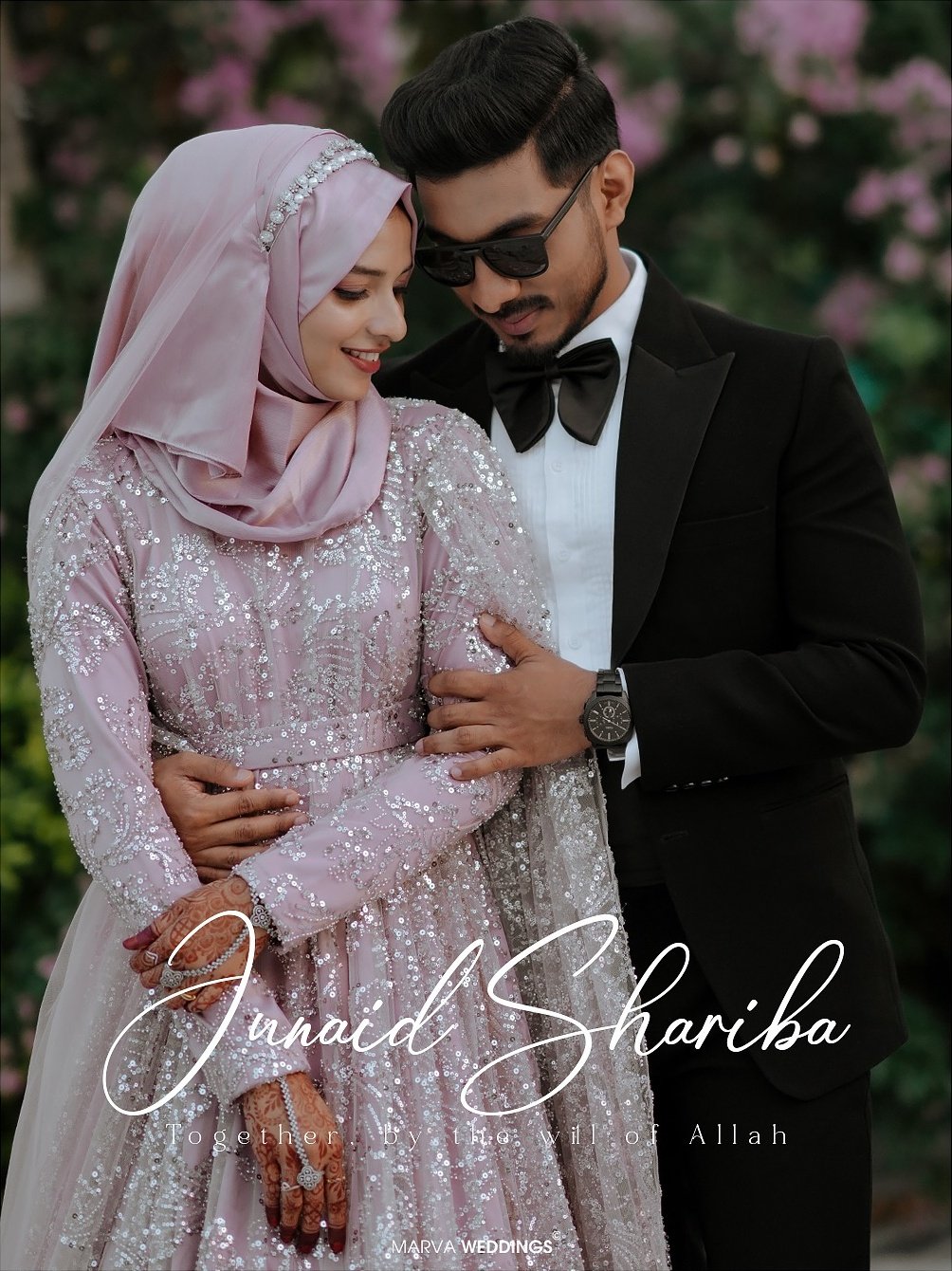 Newlyweds sharing a quiet embrace in the garden